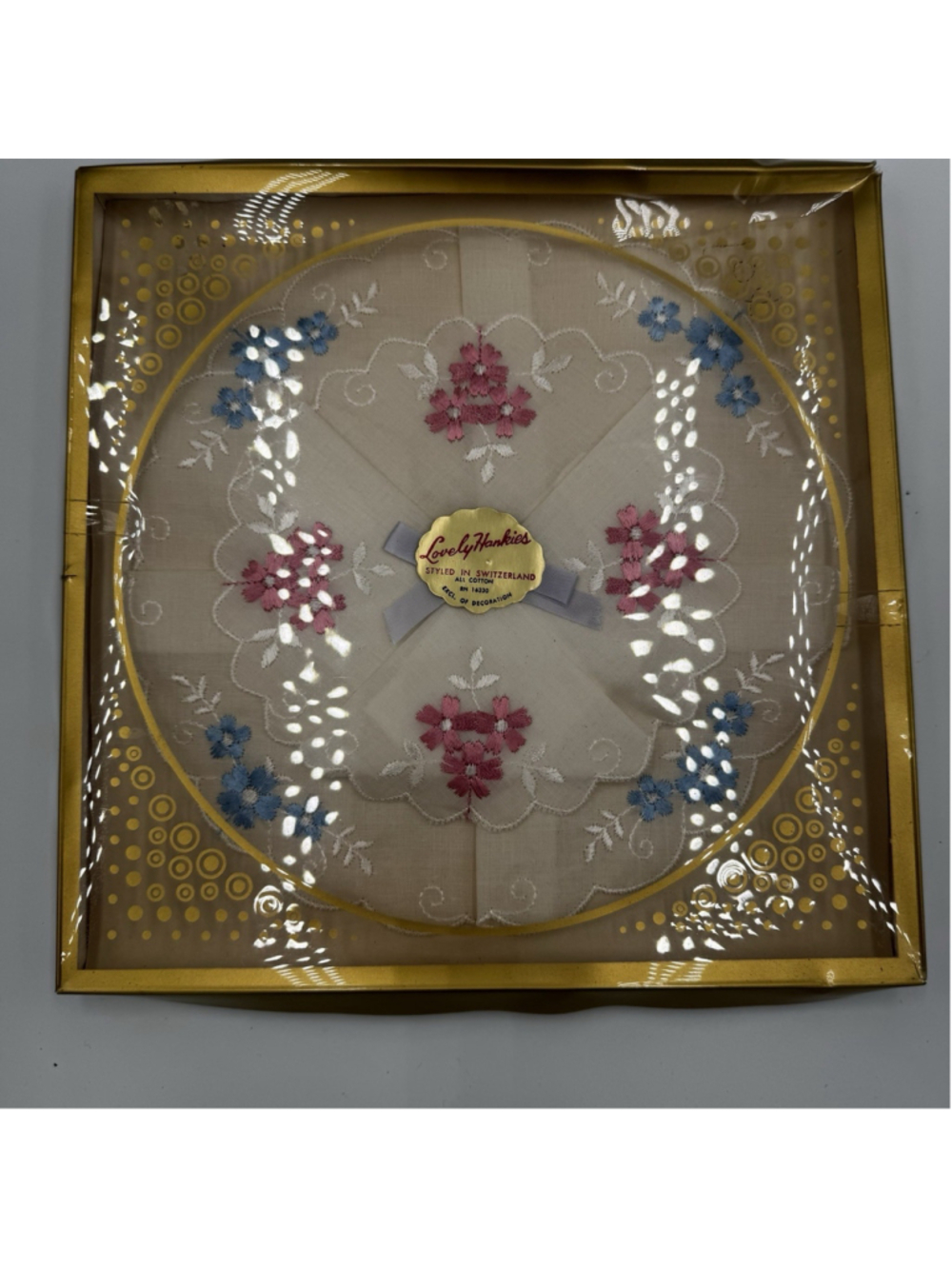 Vintage “Lovely Hankies” Switzerland Embroidered Handkerchief Set W/ Box